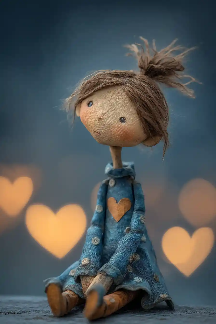 Ragazza pensierosa di cartone ondulato con bokeh a forma di cuore