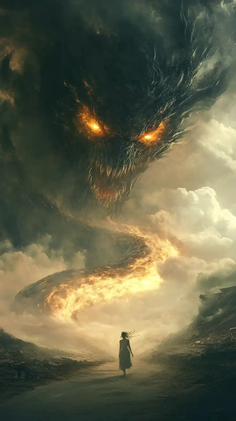 Frau geht auf kolossales Monster zu, das mit einem Tornado verschmolzen ist