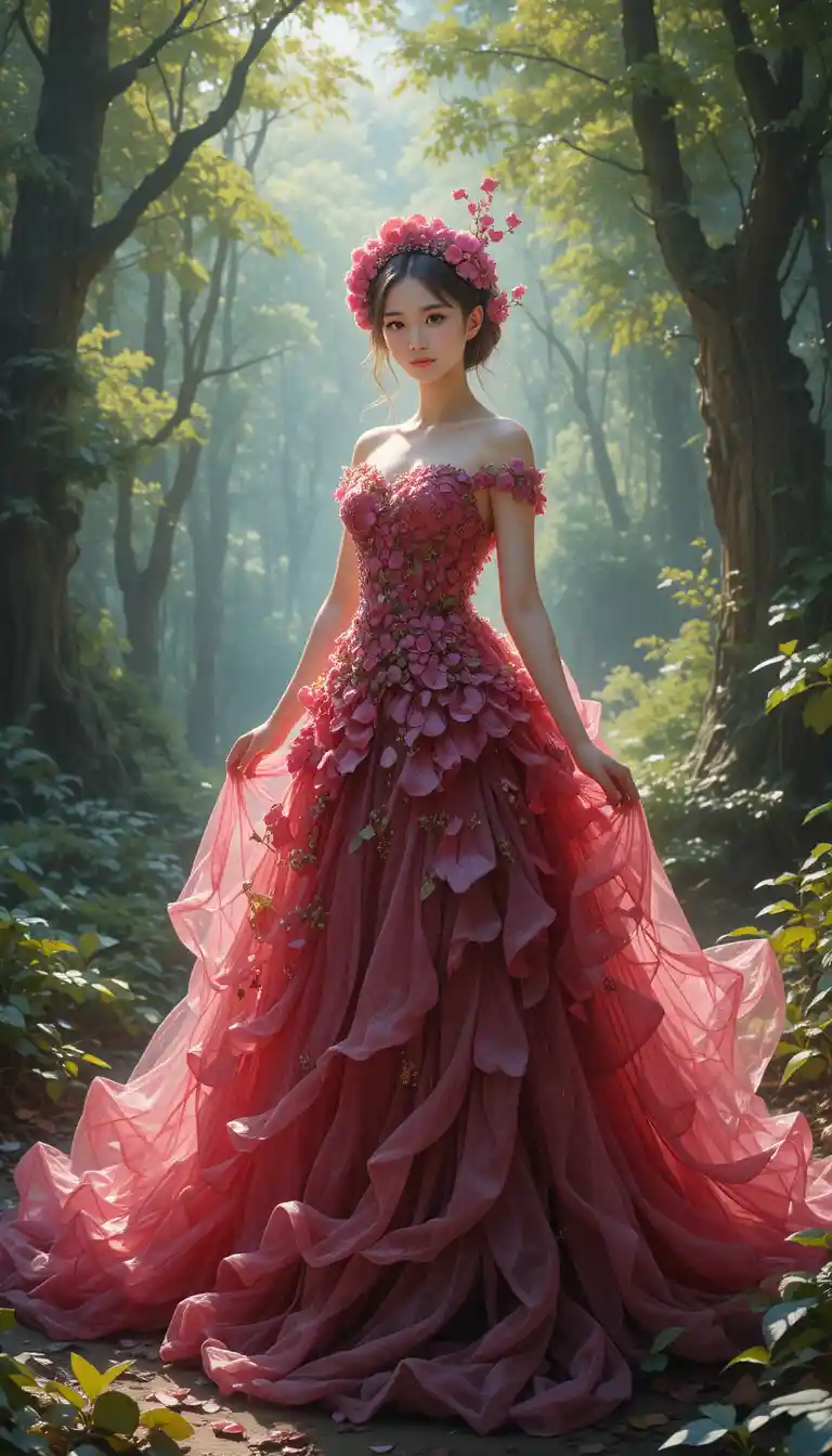 Elf maiden in pomegranate petal gown in enchanted forest