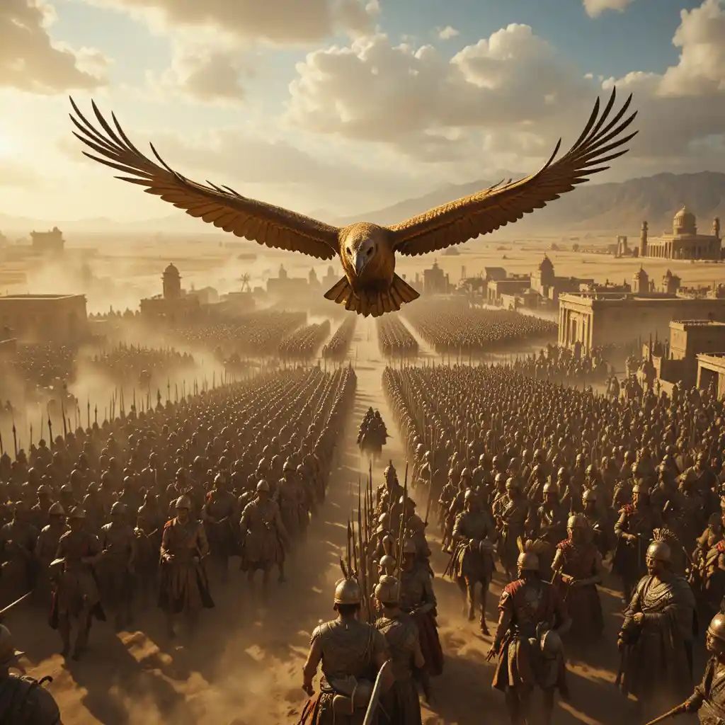 Golden eagle soaring above ancient battlefield at sunset