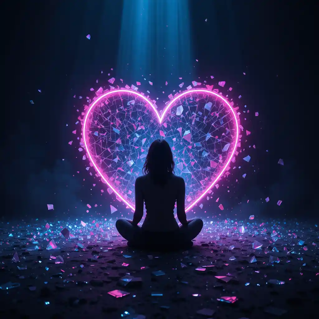 Lonely silhouette among shattered glowing heart shaped glass