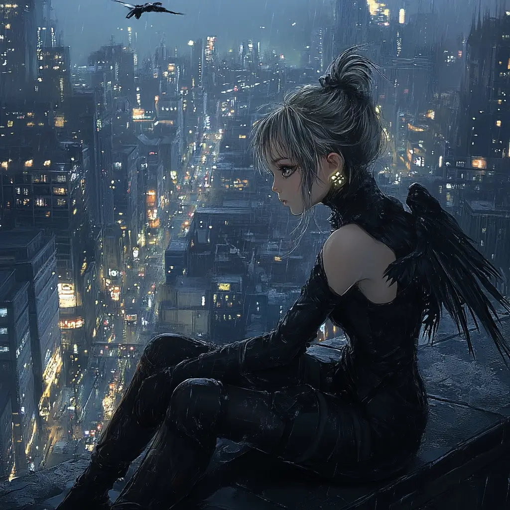 Sad winged girl on rainy cyberpunk city rooftop