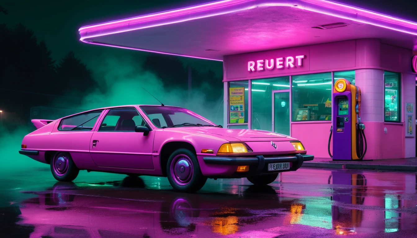 Posto de gasolina futurista em neon com carro antigo na noite enevoada