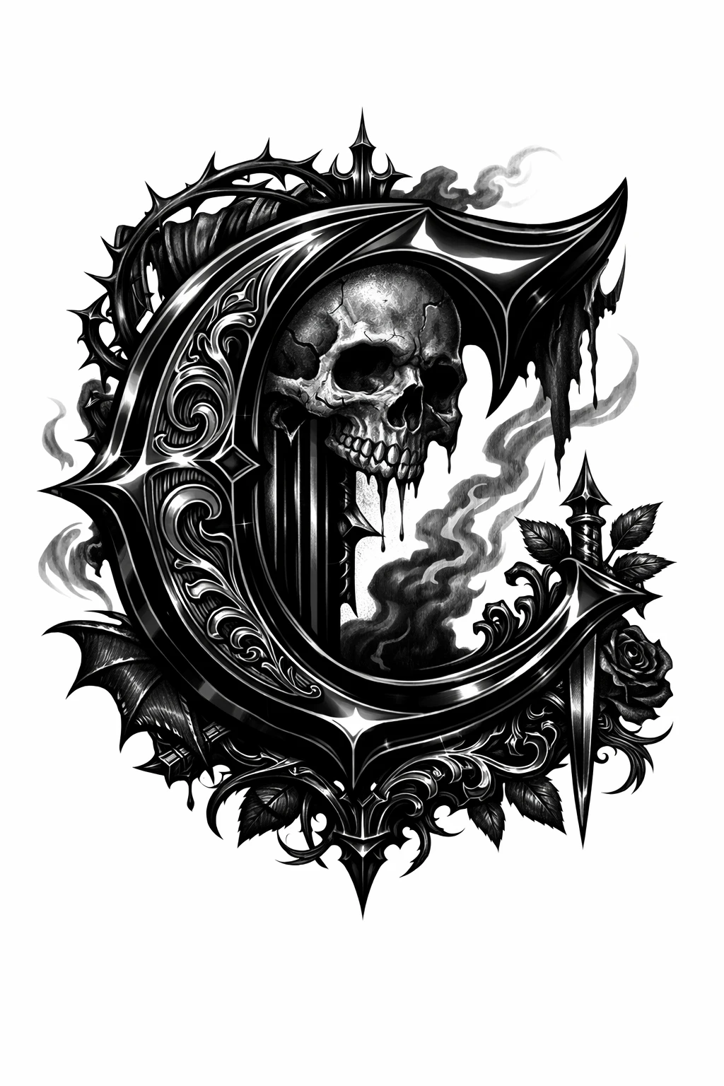 Lettera gotica C in blackletter con teschio e ombre drammatiche