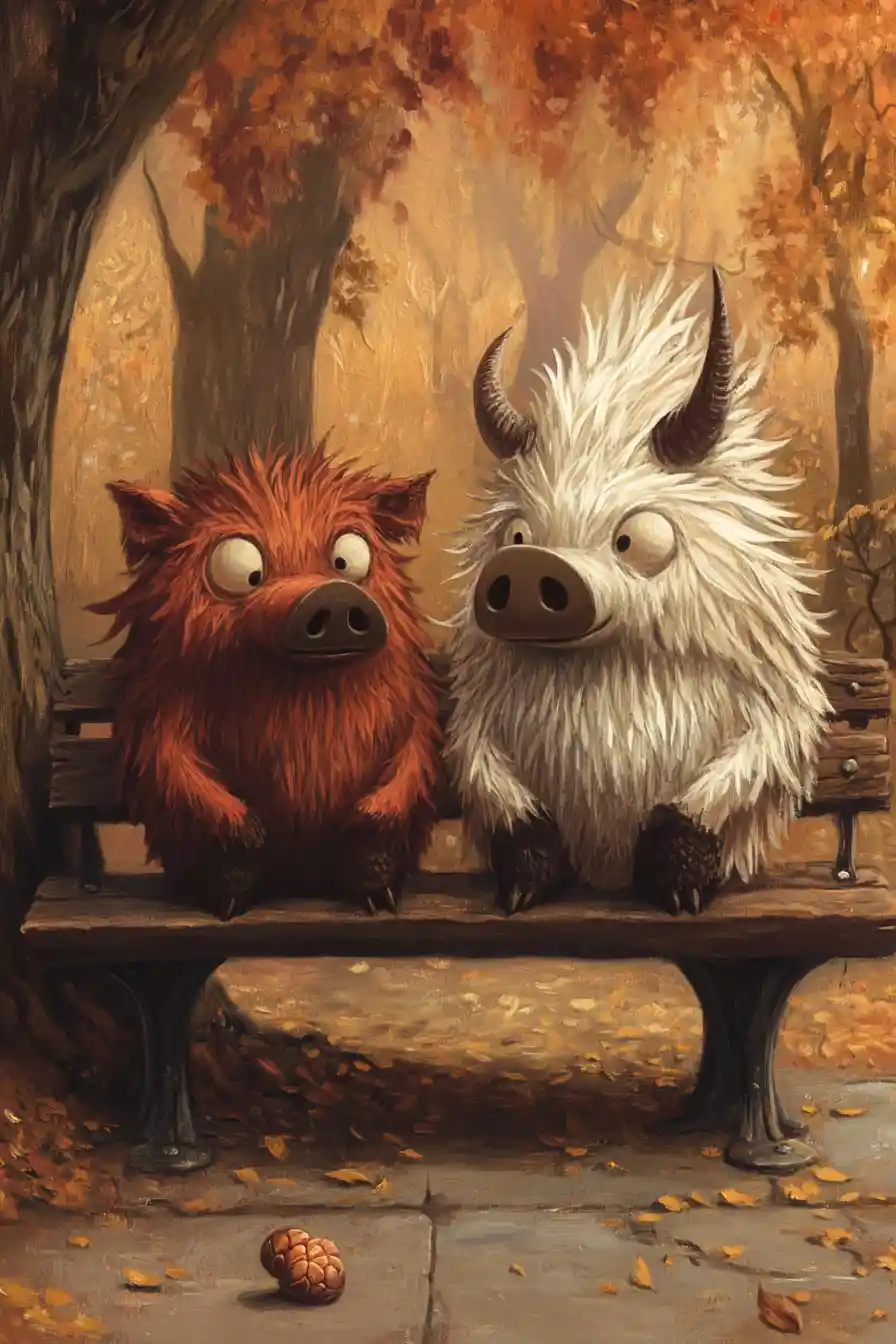 Whimsical boar like creatures sitting together on a park bench