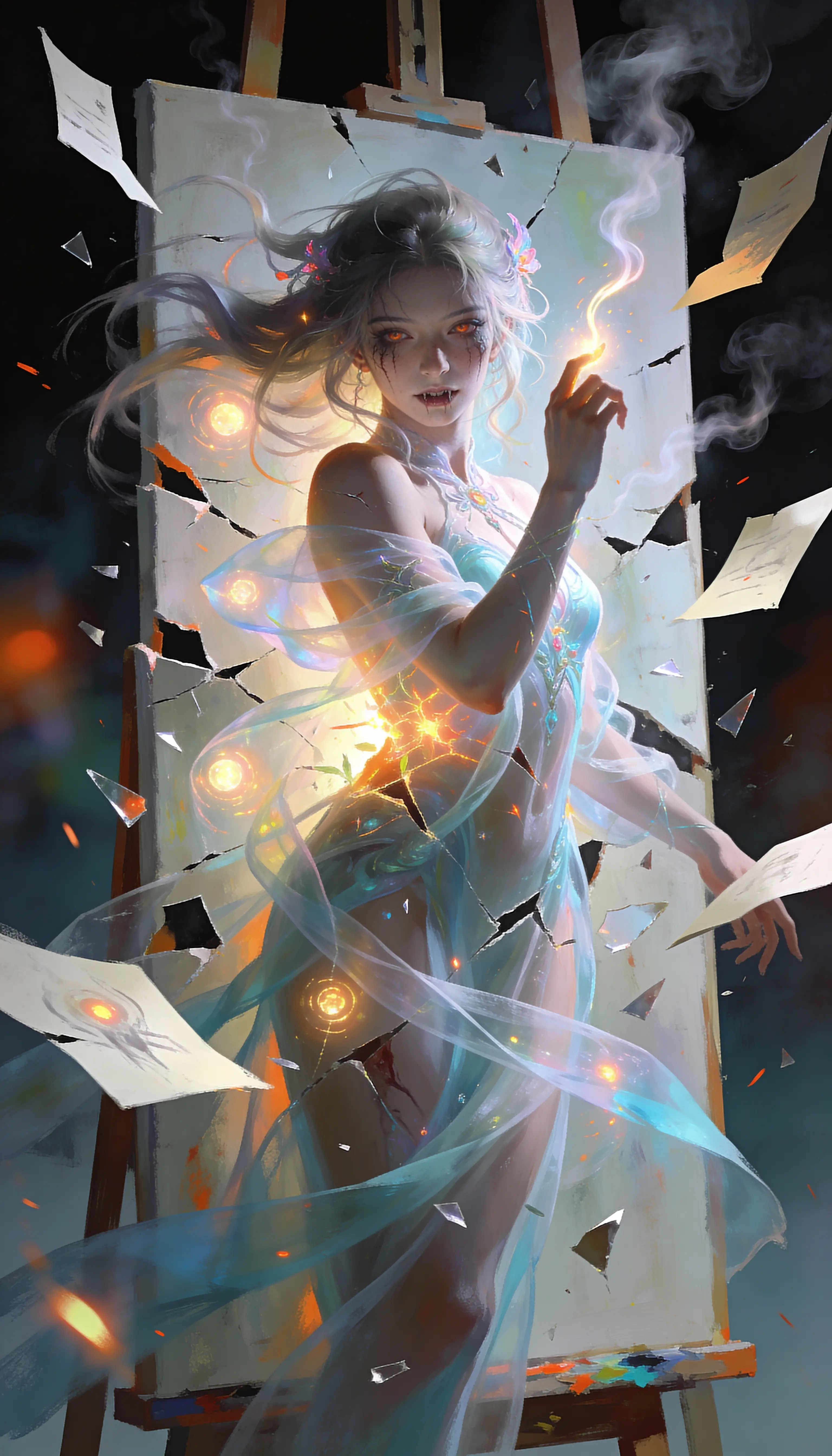 Ethereal woman emerging from a shattered swirling canvas