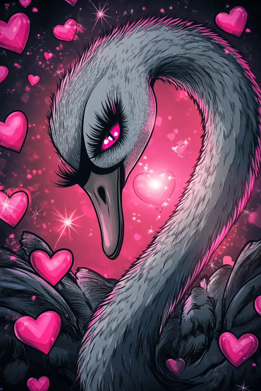 Anthropomorphic swan diva with glowing pink hearts