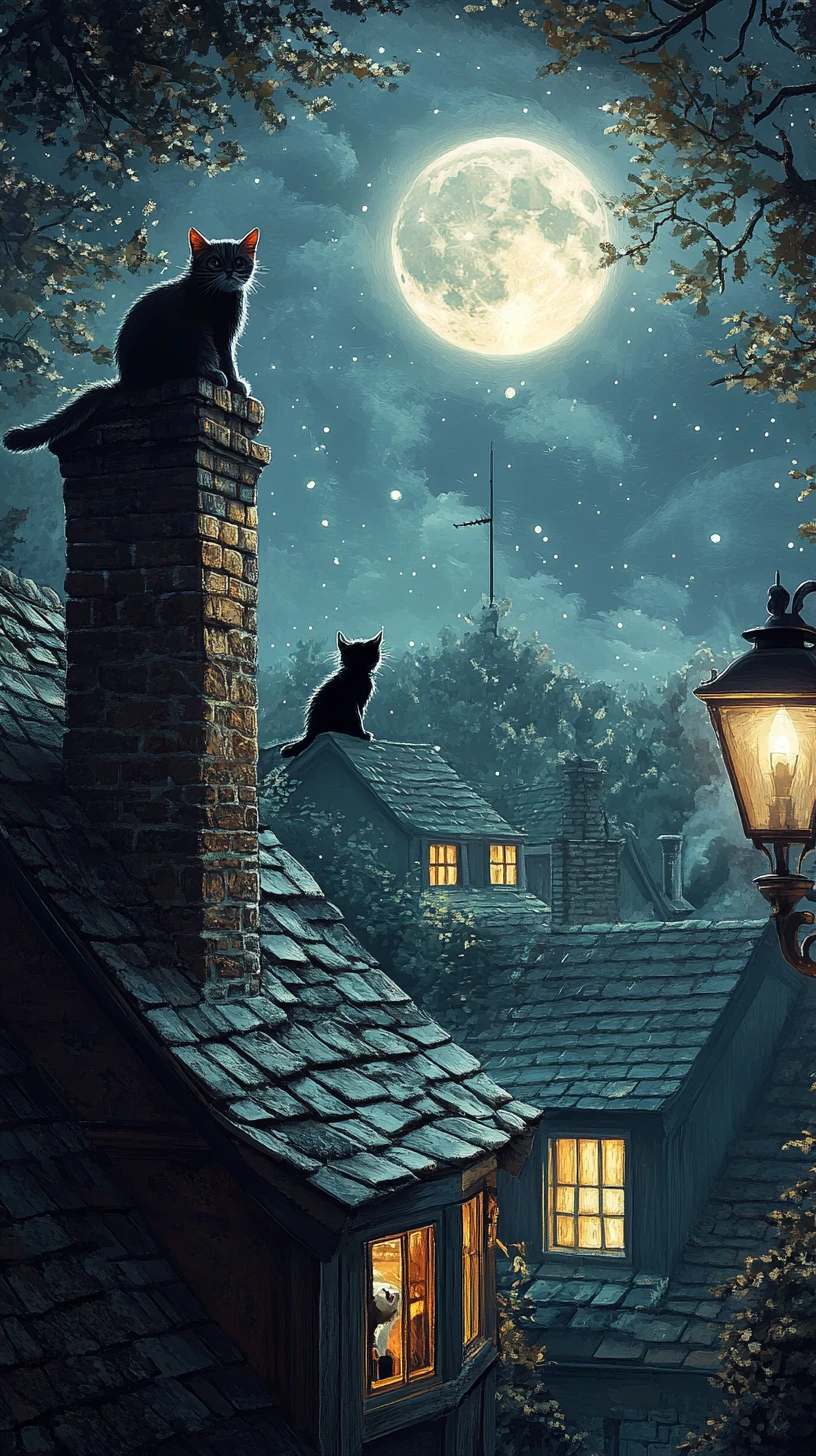 Gatos em um telhado de vila ao luar com janelas iluminadas