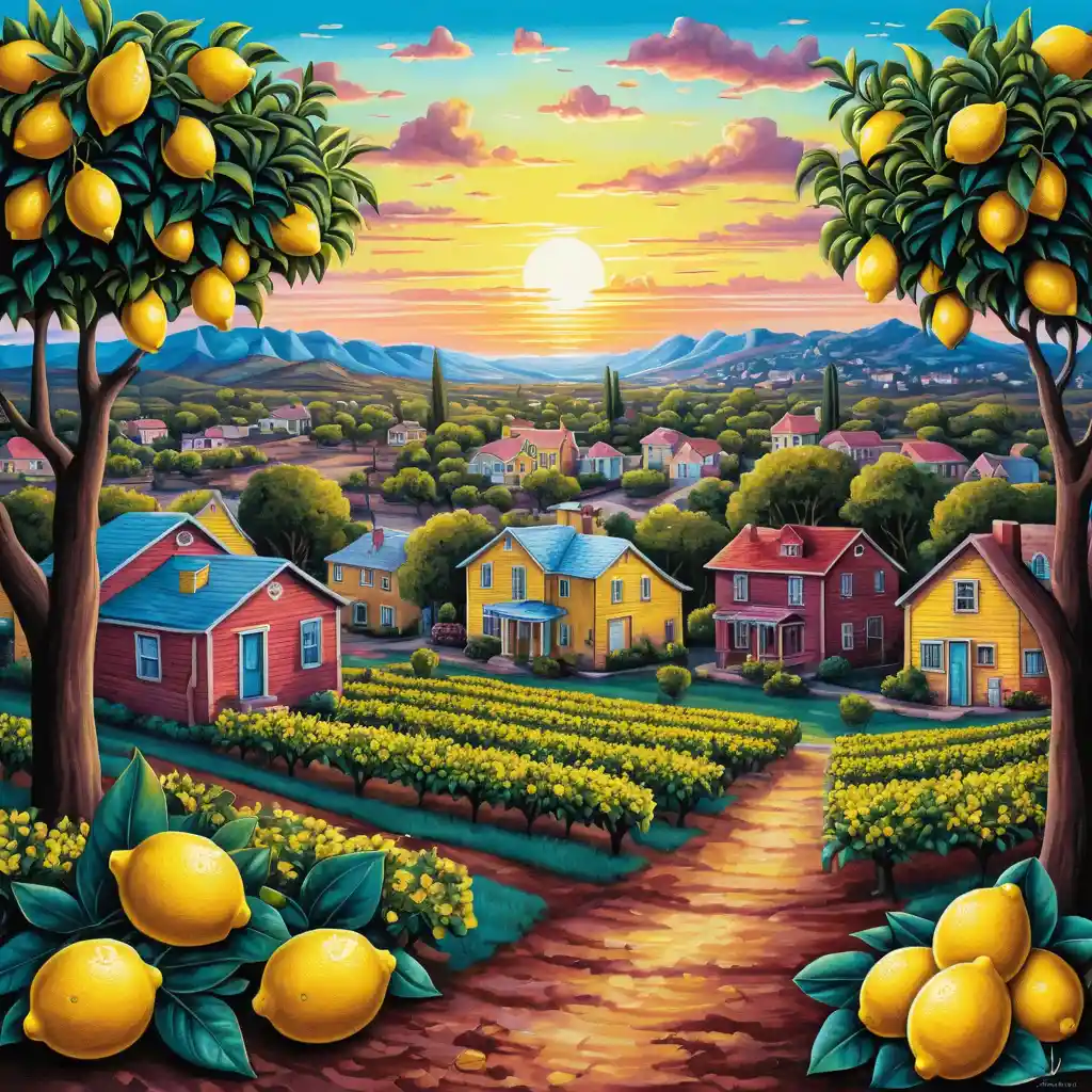 Summer lemon grove and town at sunset in colored pencil