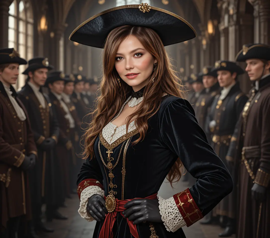 Defiant red haired woman in black velvet musketeer attire