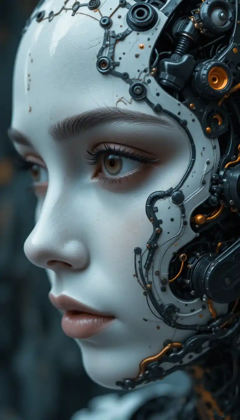 Ritratto distopico di cyborg con pelle di porcellana e accenti arancioni
