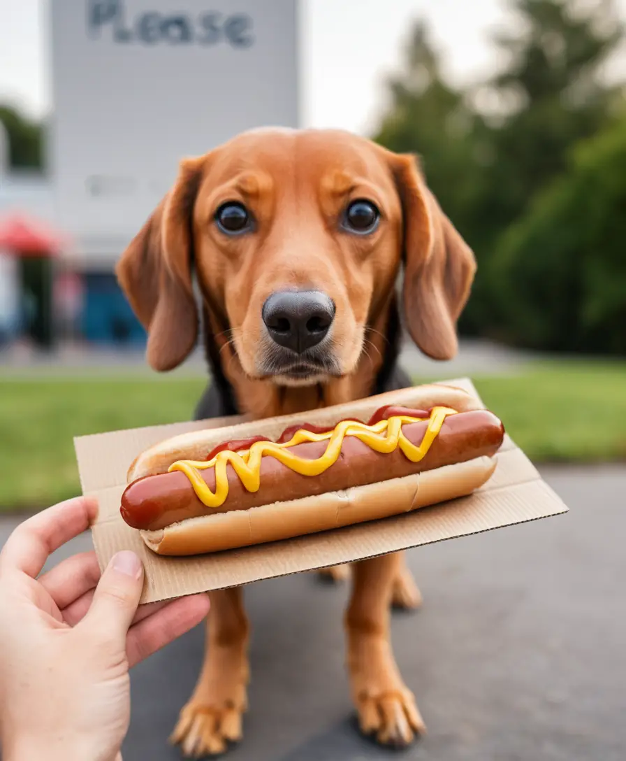 Cartoon hot dog holding a please like cardboard sign