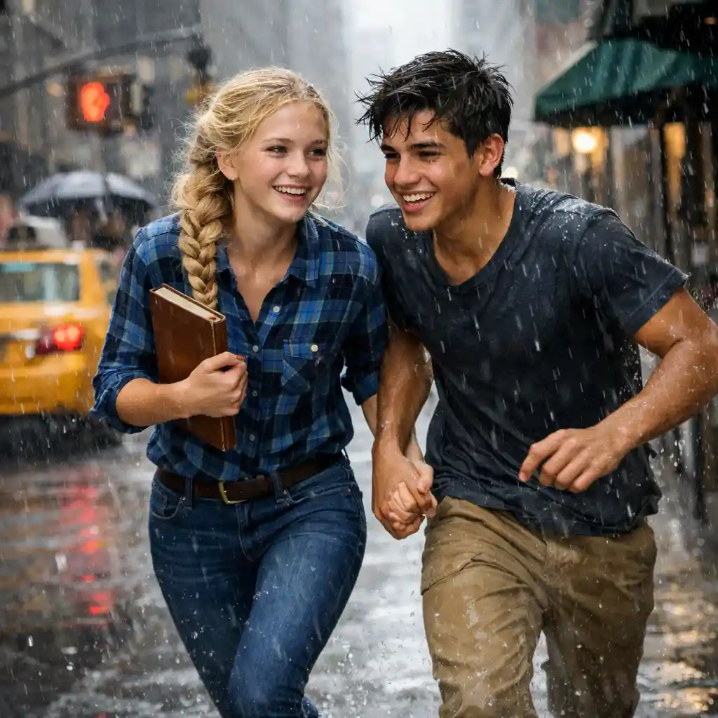 Teenage friends running together on a rainy city sidewalk