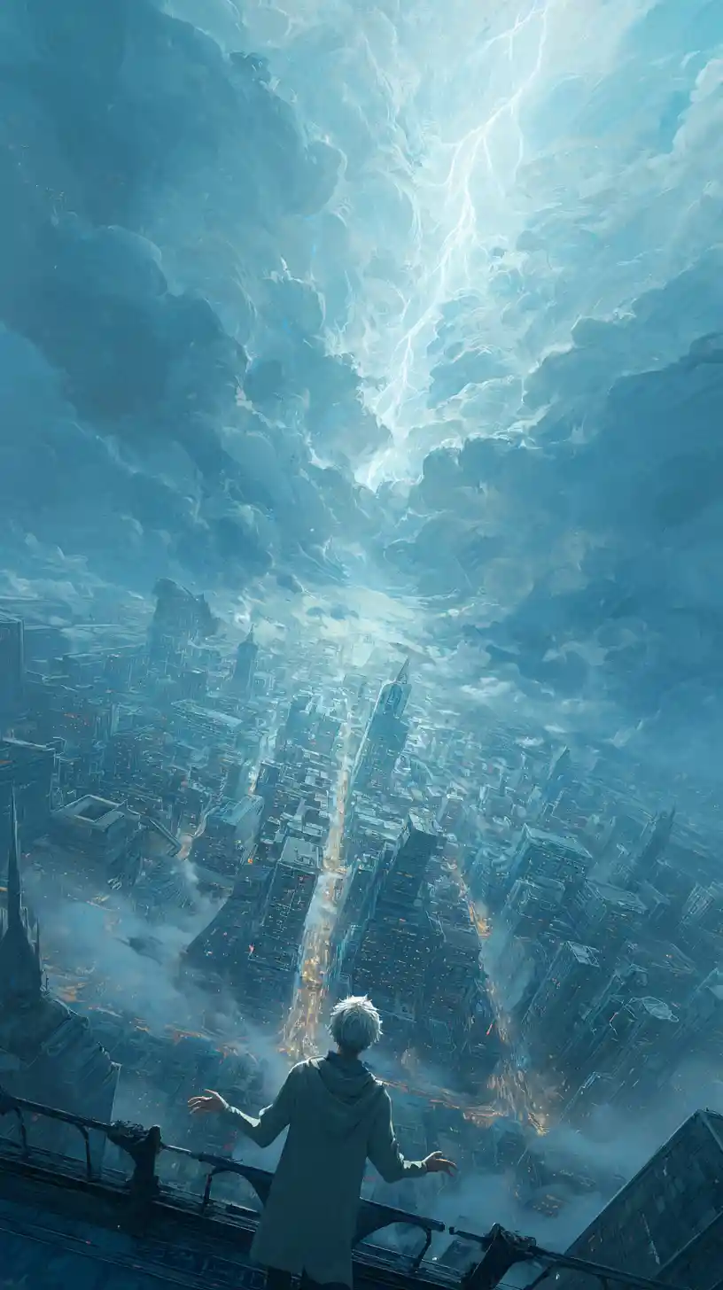 Mago che evoca meteoriti sopra una vasta città fantasy