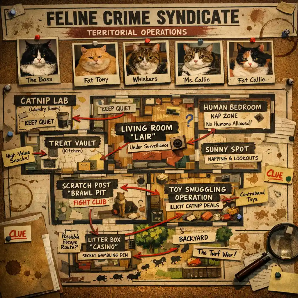 Humorous Feline Crime Syndicate Map In A House Layout