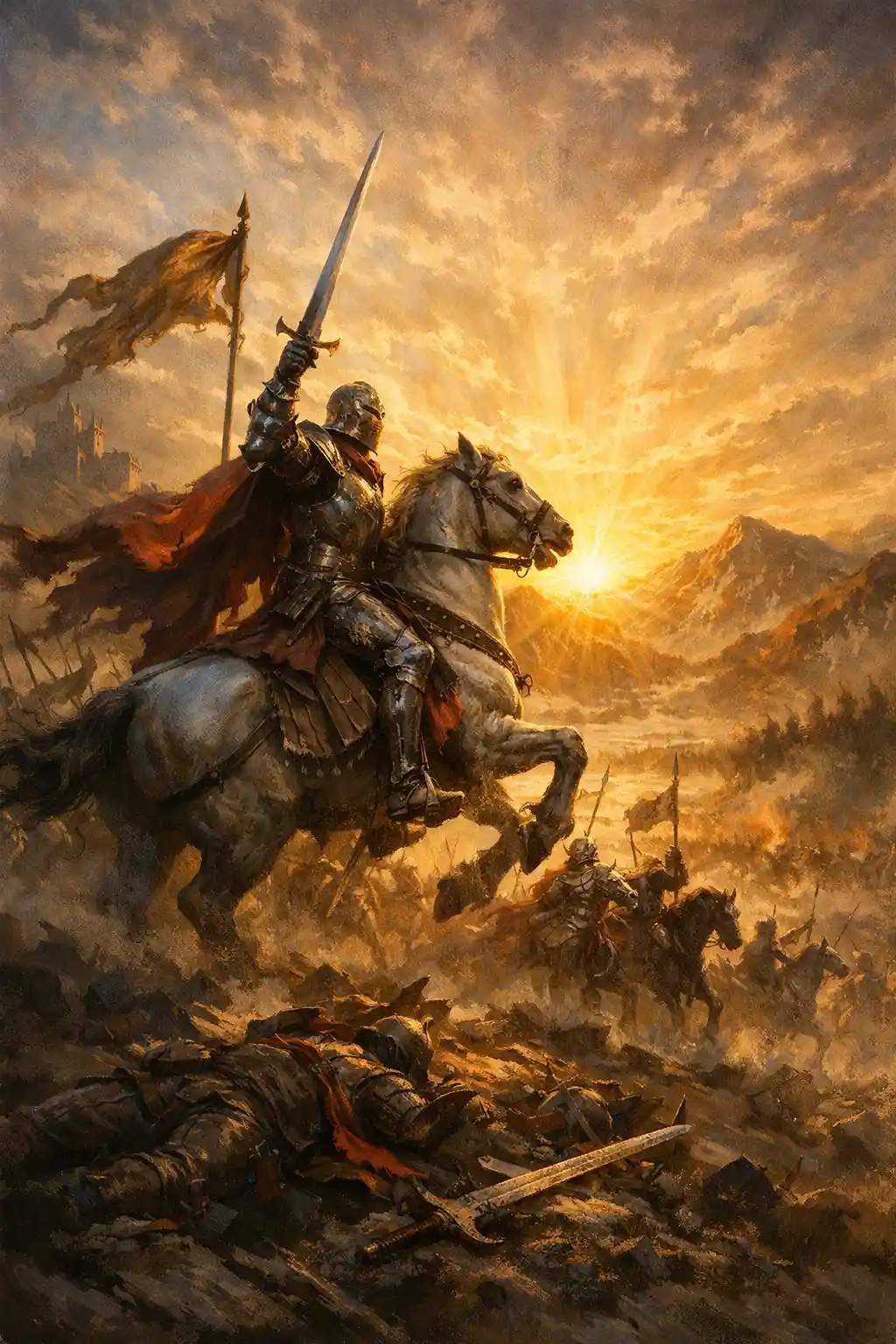 Lone warrior rides toward a bright heroic dawn
