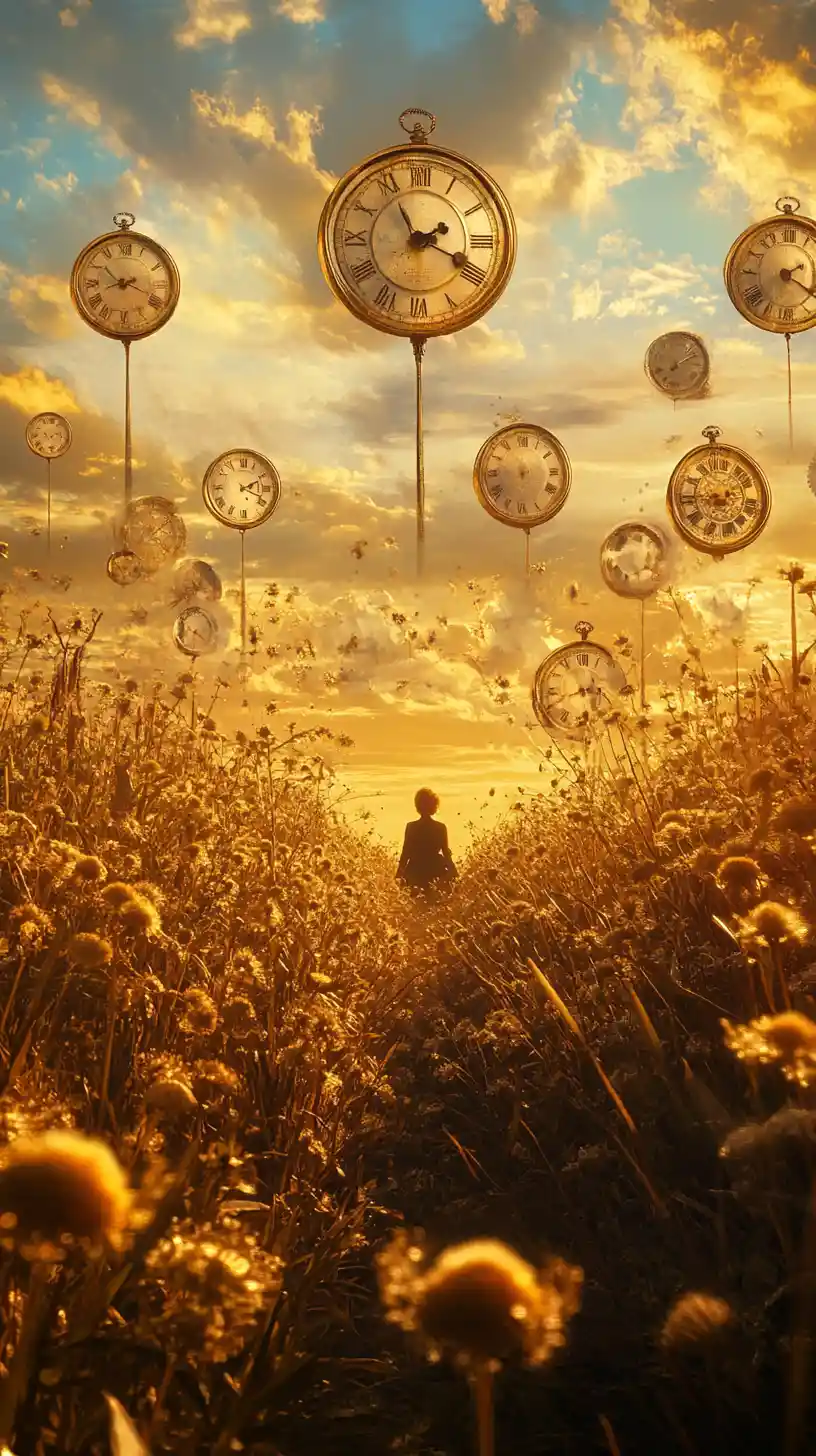 Surreal field of towering clocks with lone person at dusk