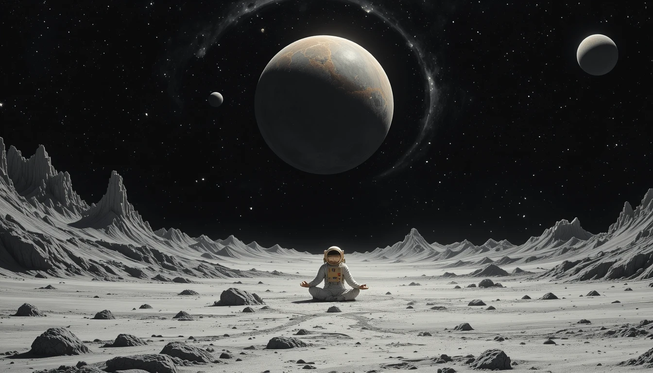 Astronauta Meditando em uma Pacífica Paisagem Zen Alienígena