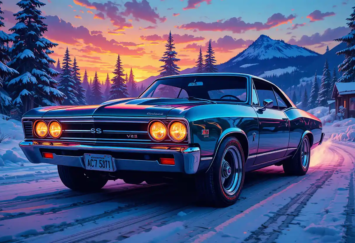 Neon-Muscle-Car in retro-futuristischer Dämmerungsszene
