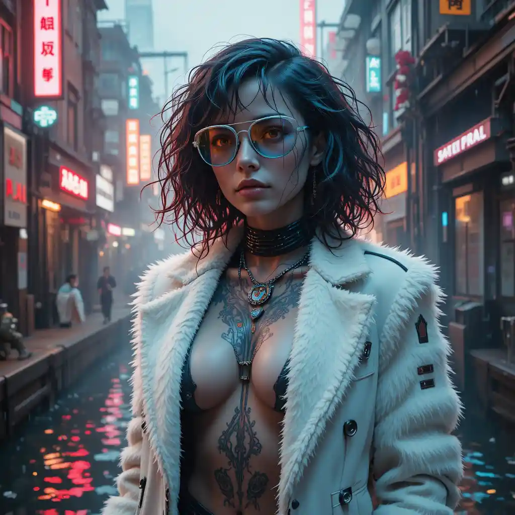 Femme fatale cyberpunk con abrigo de piel neón bajo la lluvia