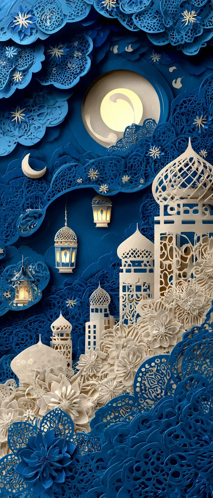 Layered paper art Eid card with moonlit city skyline