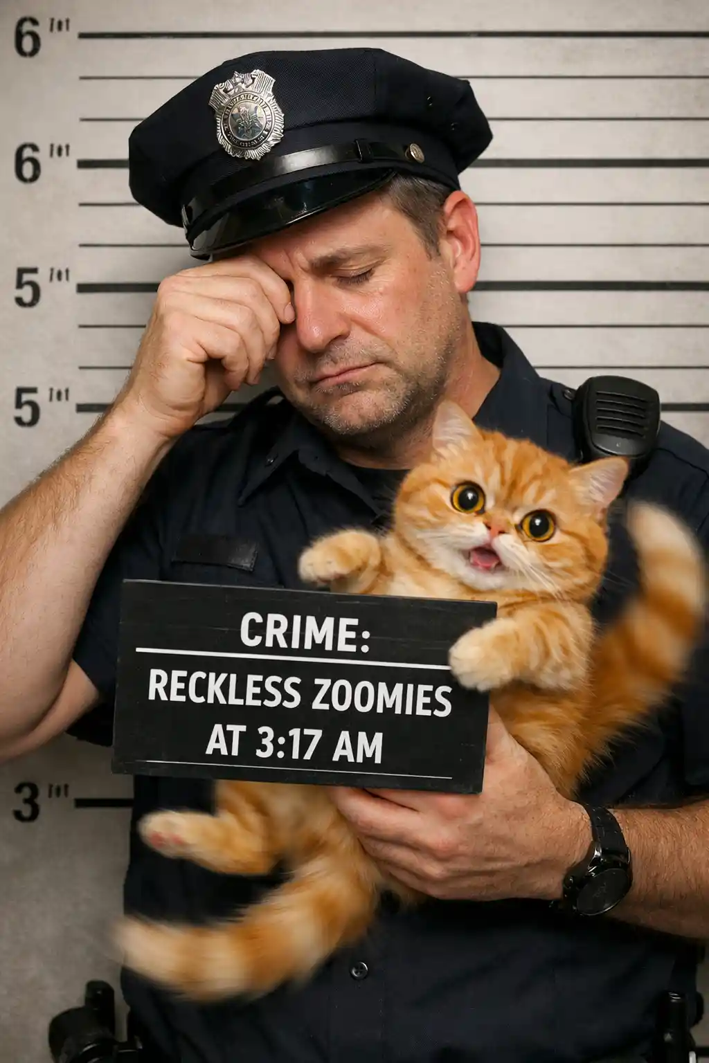 Exhausted Police Officer Holding Hyperactive Cat Mugshot Scene