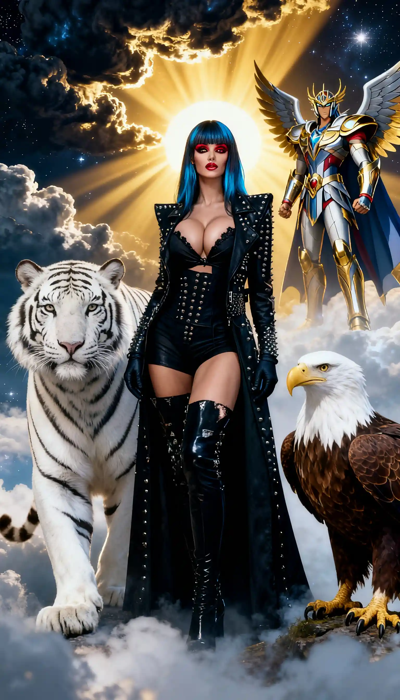 Majestic guardian woman with tiger and eagle in nature