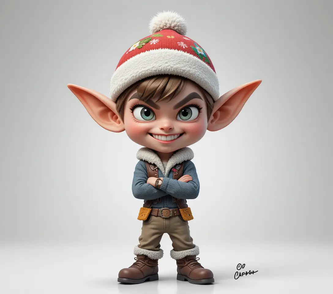 Duende caricaturesco juguetón con atuendo invernal festivo sobre fondo blanco