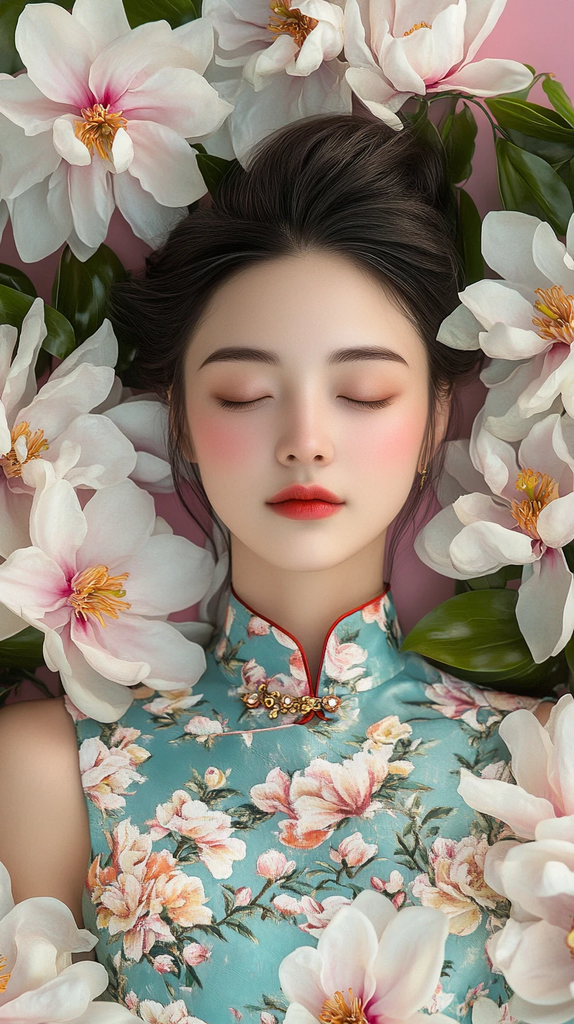 Gelassene asiatische Frau im türkisfarbenen Qipao zwischen weißen Magnolien
