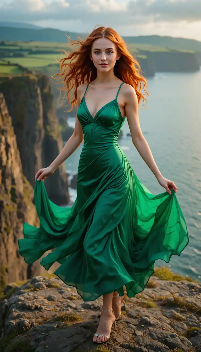Young woman dancing on a wild Irish cliff at sunset