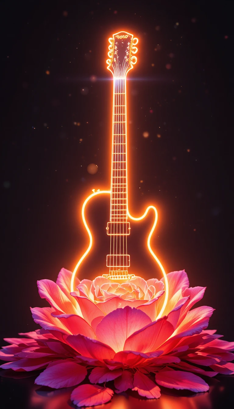 Silhueta de guitarra em neon brilhando sobre suaves pétalas de rosa