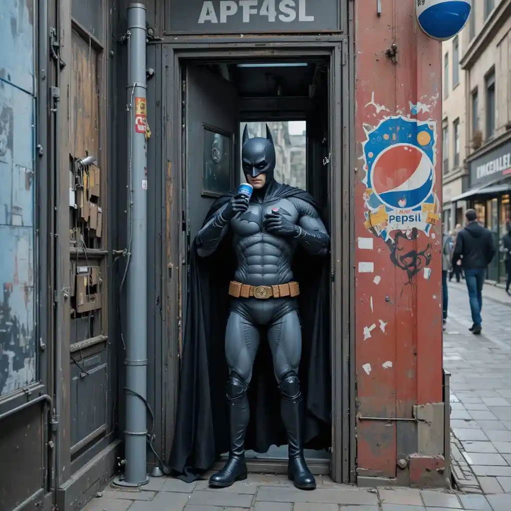Superhero drinking soda beside his car on city street
