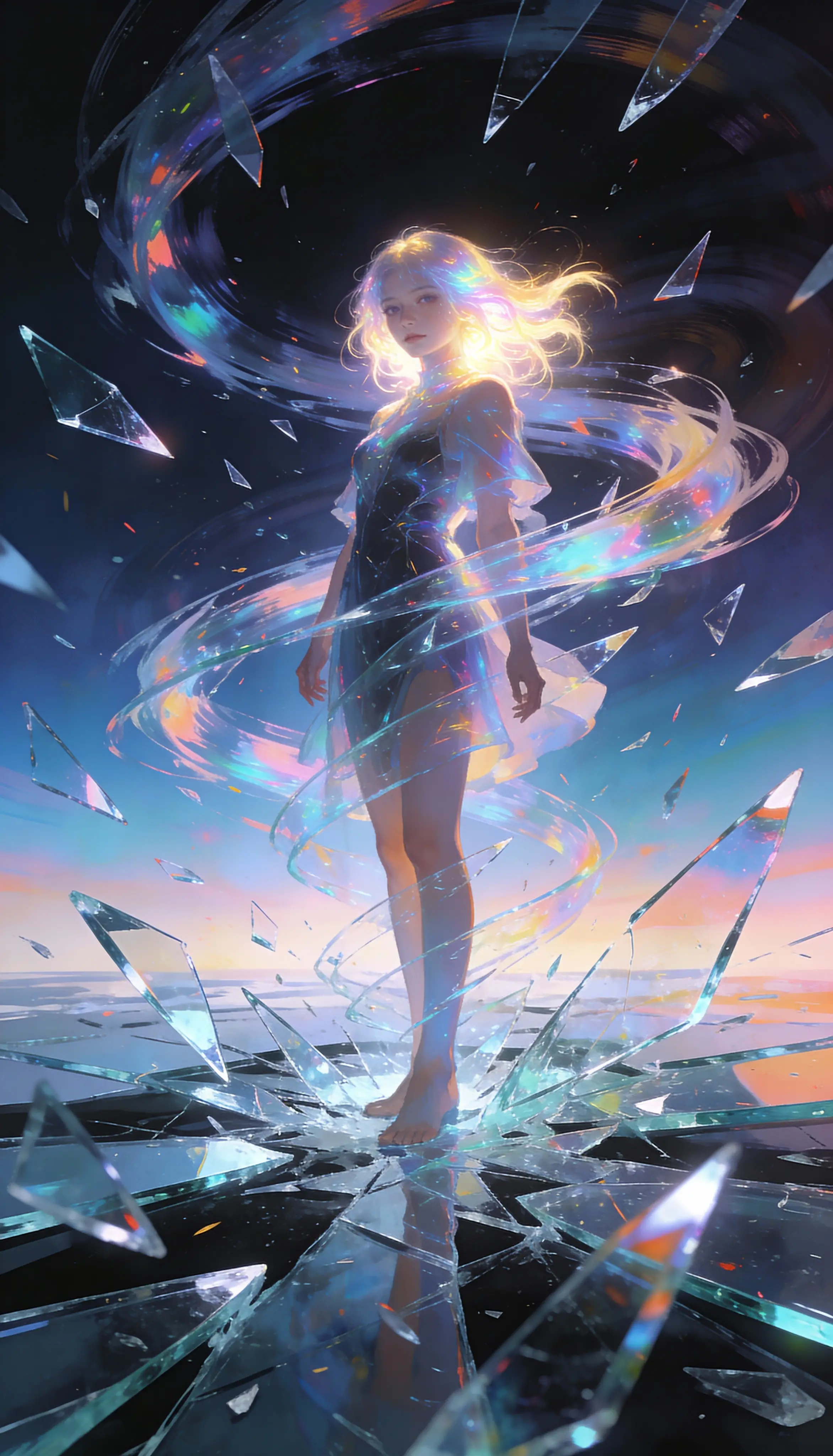 Ethereal woman amid swirling shattered glass fragments