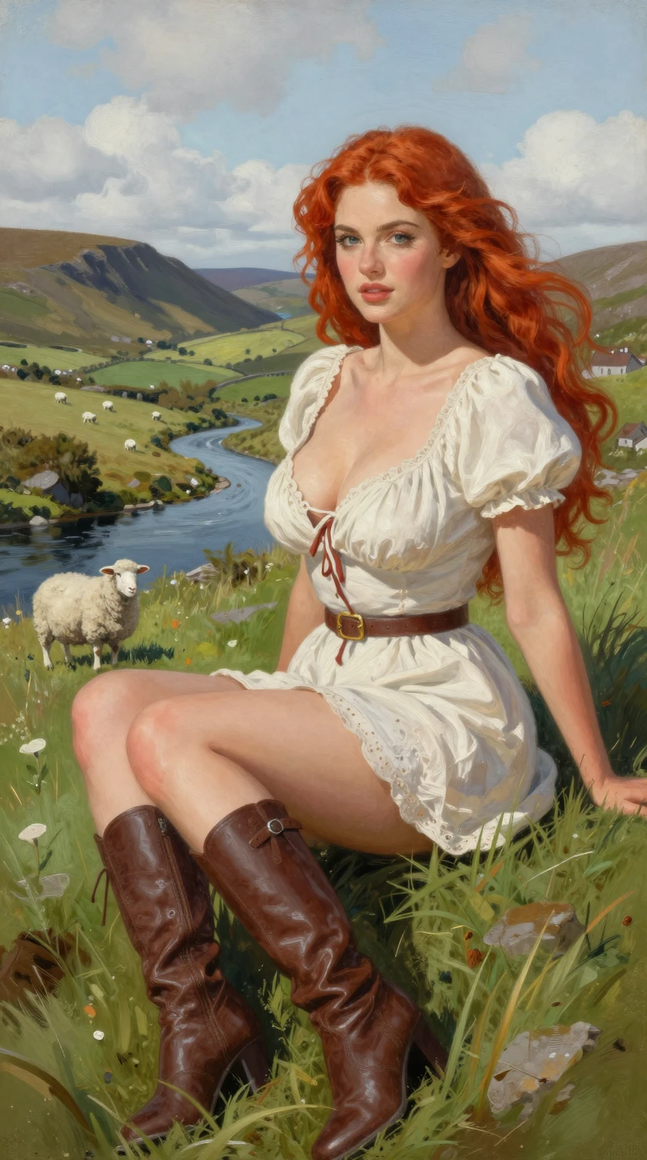 Donna dai capelli rossi in abito contadino tra le colline irlandesi