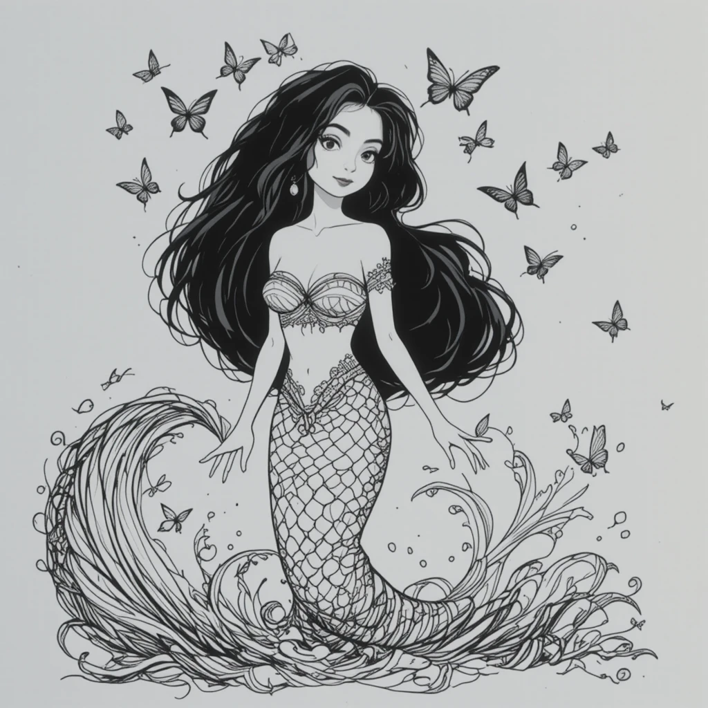 Disegno stilizzato di sirena con capelli fluenti e farfalle