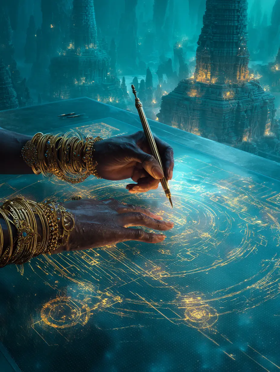 Hands Drawing On A Floating Holographic Blueprint Interface