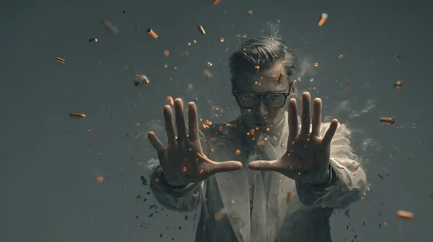 Man stopping a flying bullet with his hands in slow motion