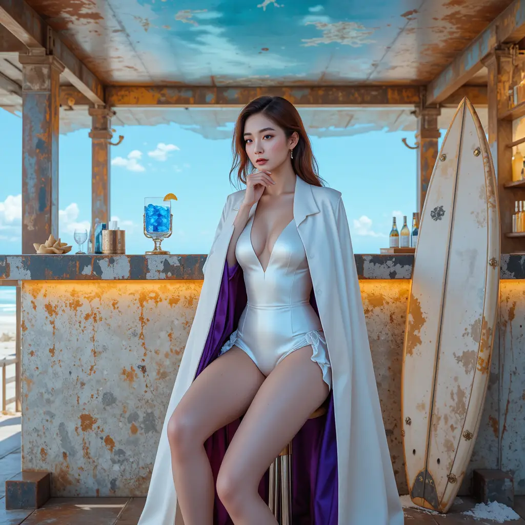 Femme coréenne en manteau blanc dans un bar de plage en acier