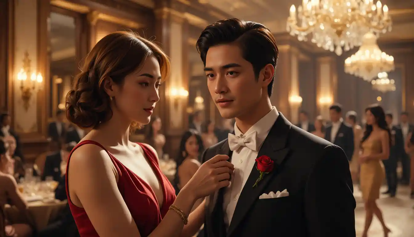 Professor pinning red rose on young man in hotel ballroom