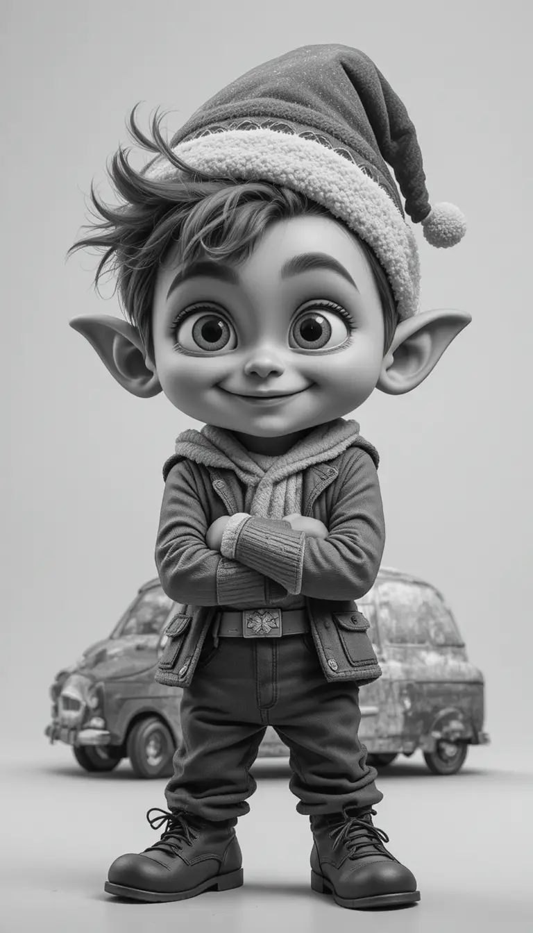 Tierno duende de caricatura con atuendo festivo y pose segura