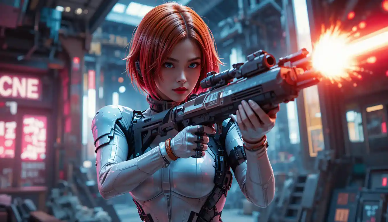 Soldada futurista dispara um rifle sci-fi brilhante