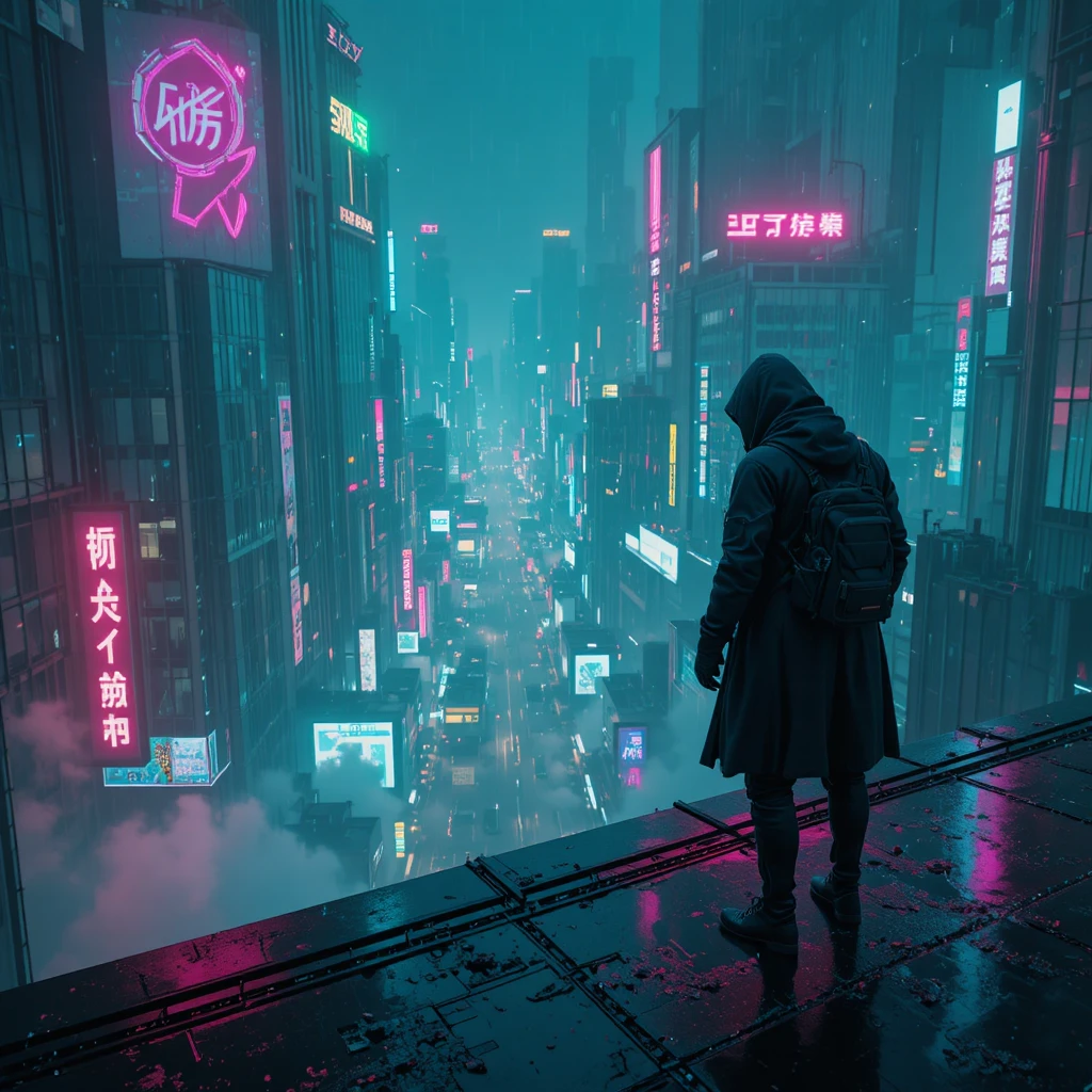 戴帽旅人俯瞰夜色霓虹賽博龐克城市