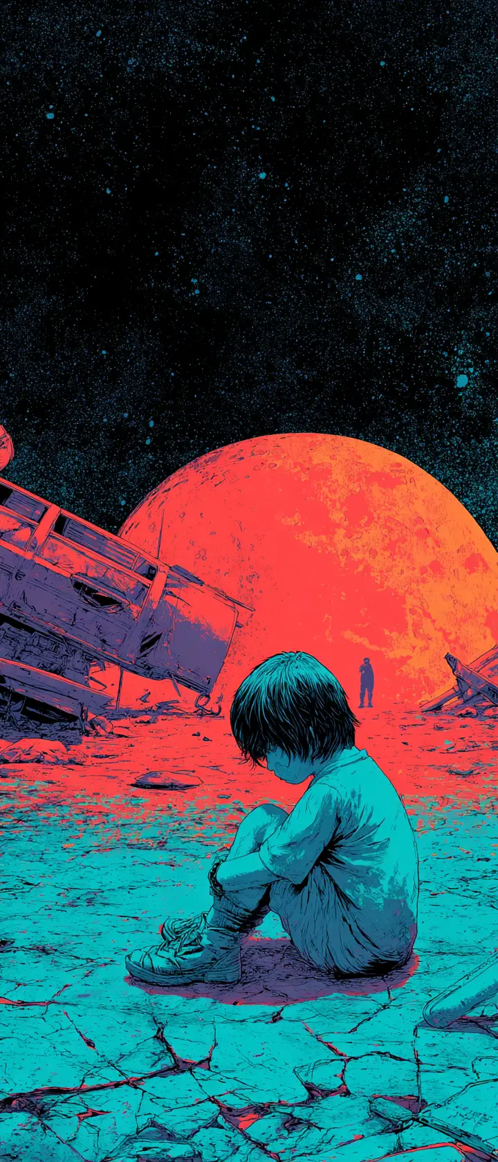 Alien child on cracked moon gazing toward distant Earth
