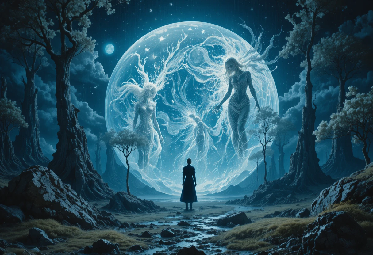 Glowing mirror in a mystical abstract dreamscape night