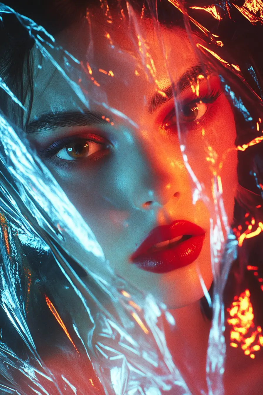 Dramatic close up portrait of a woman with plastic