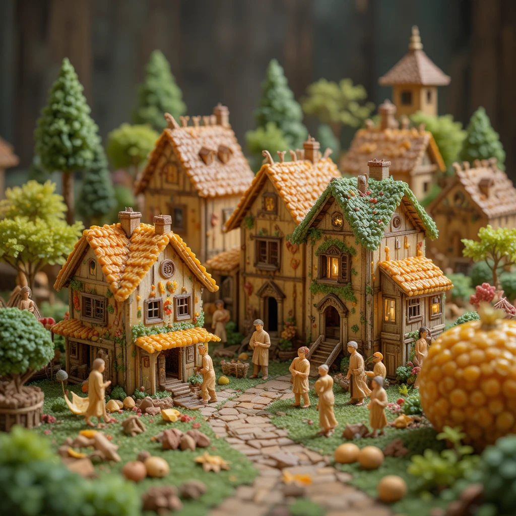 Miniatur-Essensdorf mit Menschen, die winzige Häuser bauen