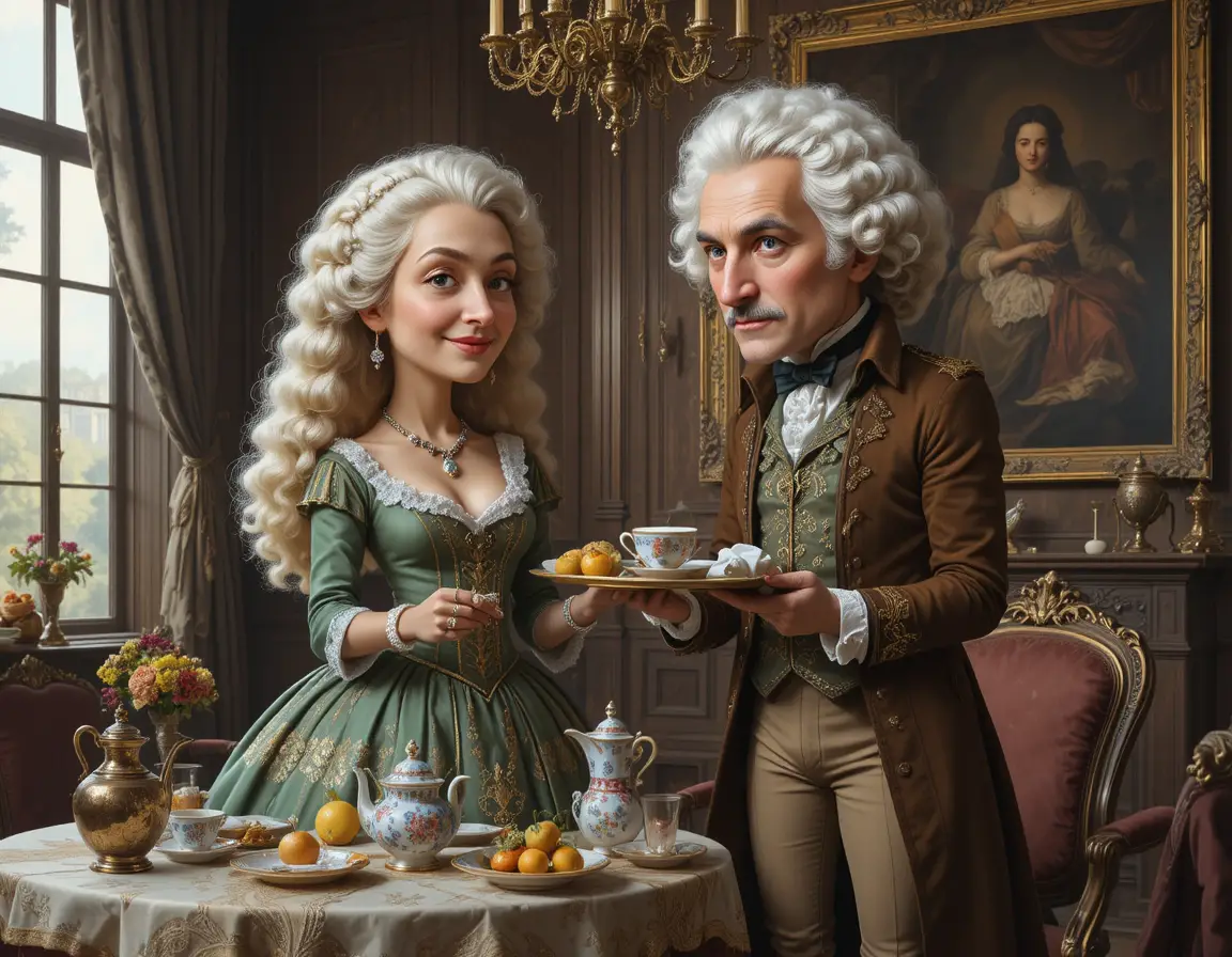 Elegant 18th century couple in a luxurious baroque interior