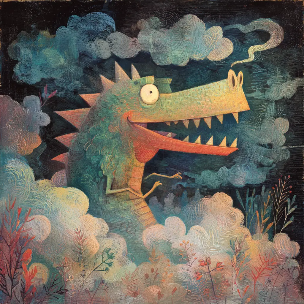 Surreal dragon wandering through mist and scattered crayons