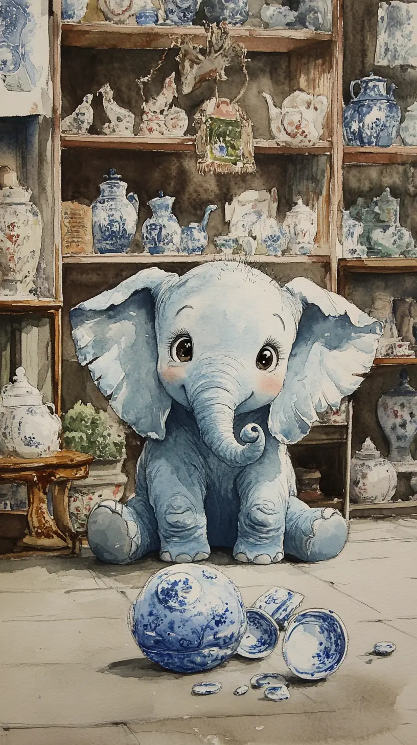 Cute elephant sitting in a porcelain shop watercolor scene