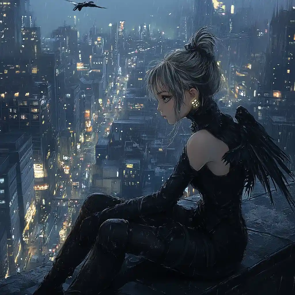 Sad winged girl on rainy cyberpunk city rooftop